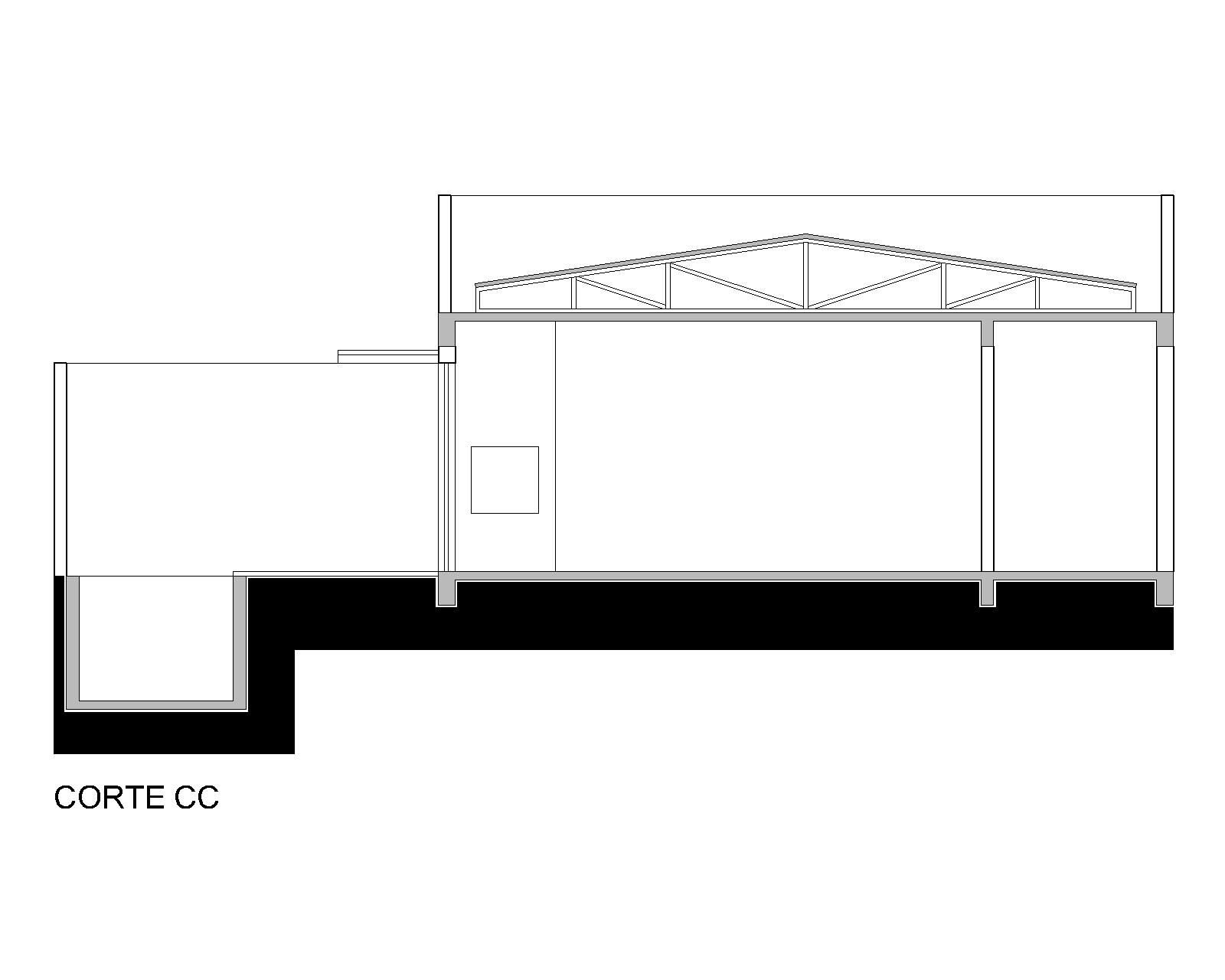 Longitudinal and transversal sections illustrating the spatial hierarchy and roof system design.