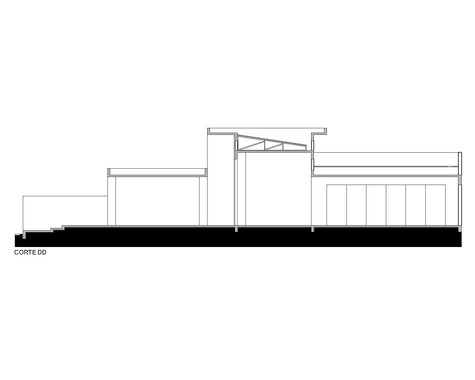 Longitudinal and transversal sections illustrating the spatial hierarchy and roof system design.