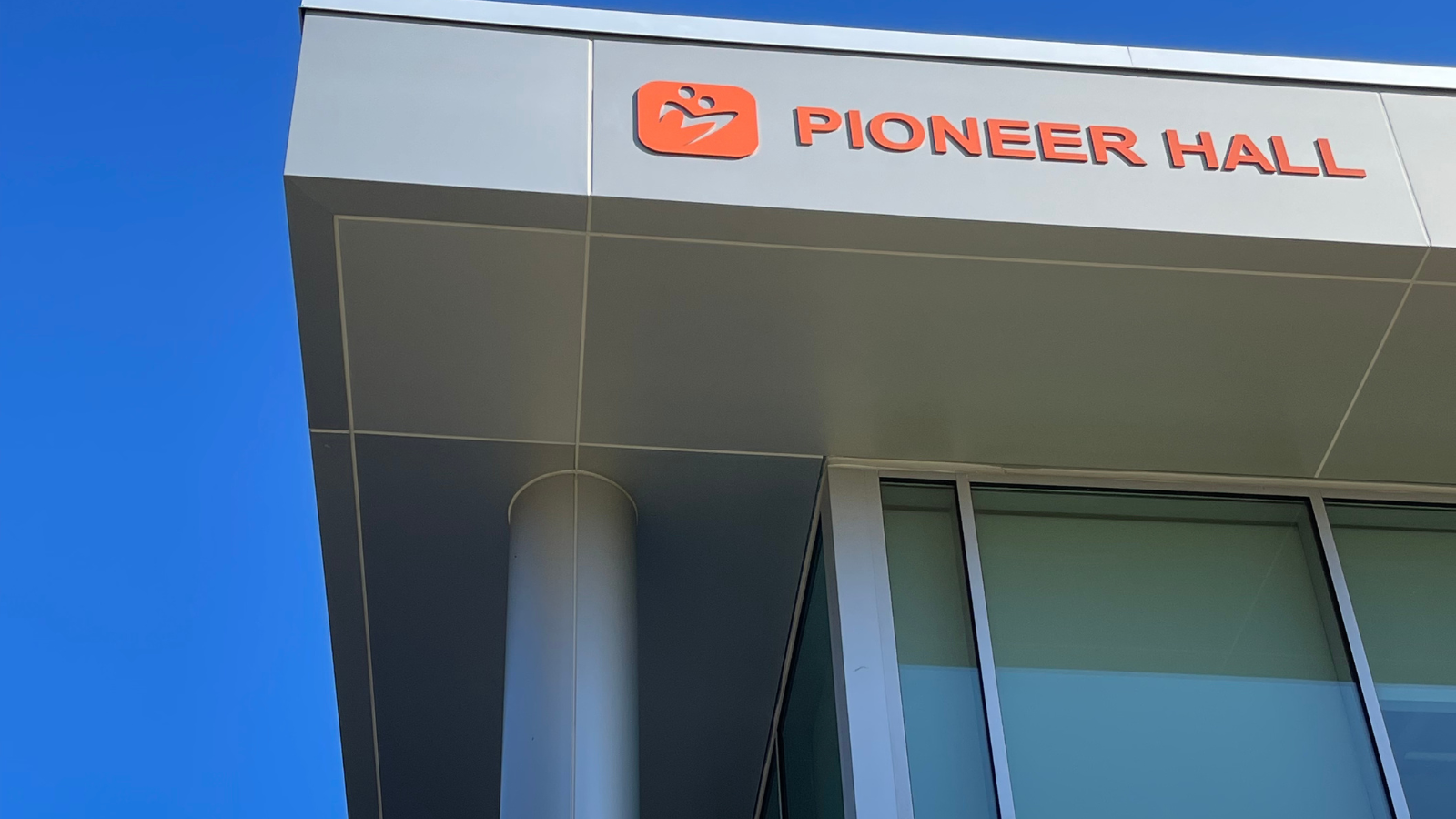 Entrance canopy of Pioneer Hall at Faison Center
