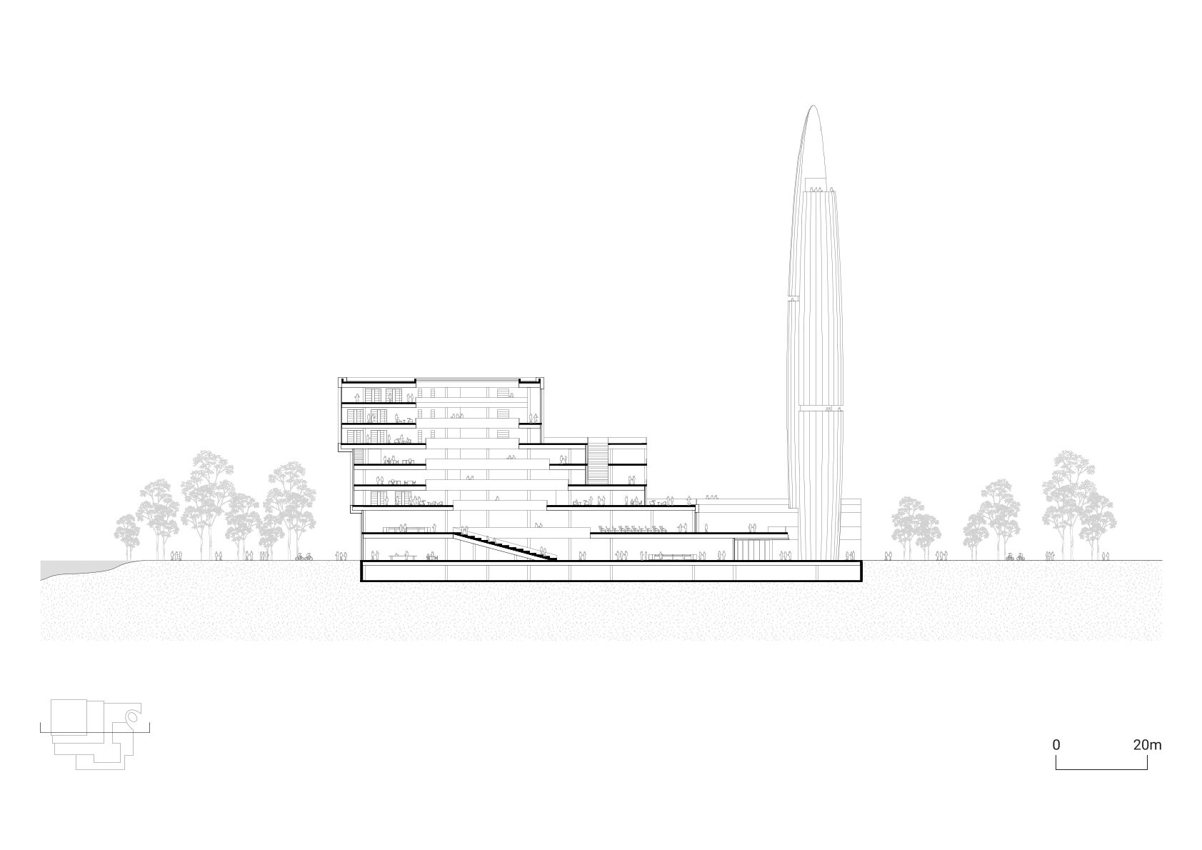 Section library with elevation observation tower, original scale 1:200