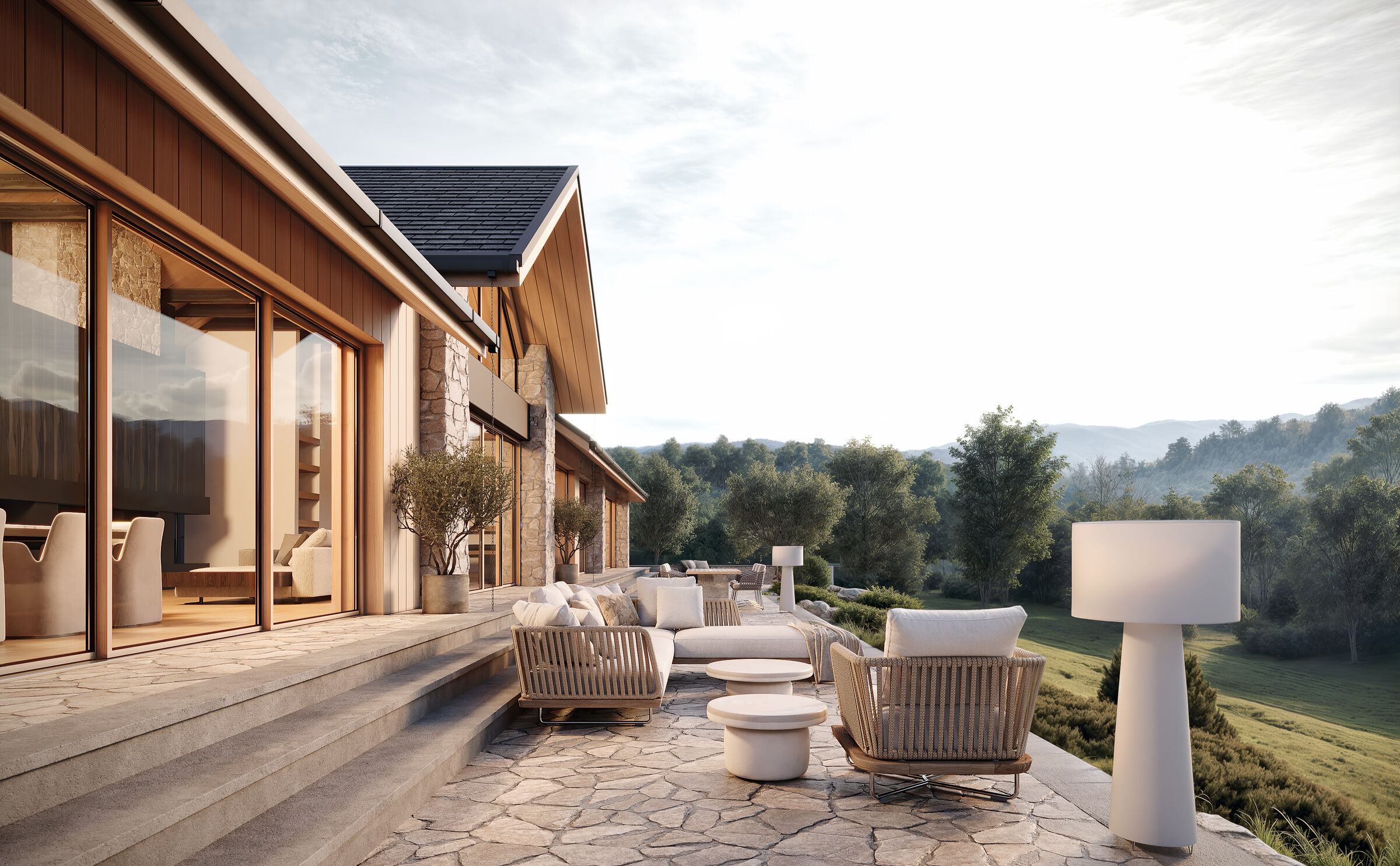 Timber and stone define a warm architectural language rooted in the surrounding landscape.