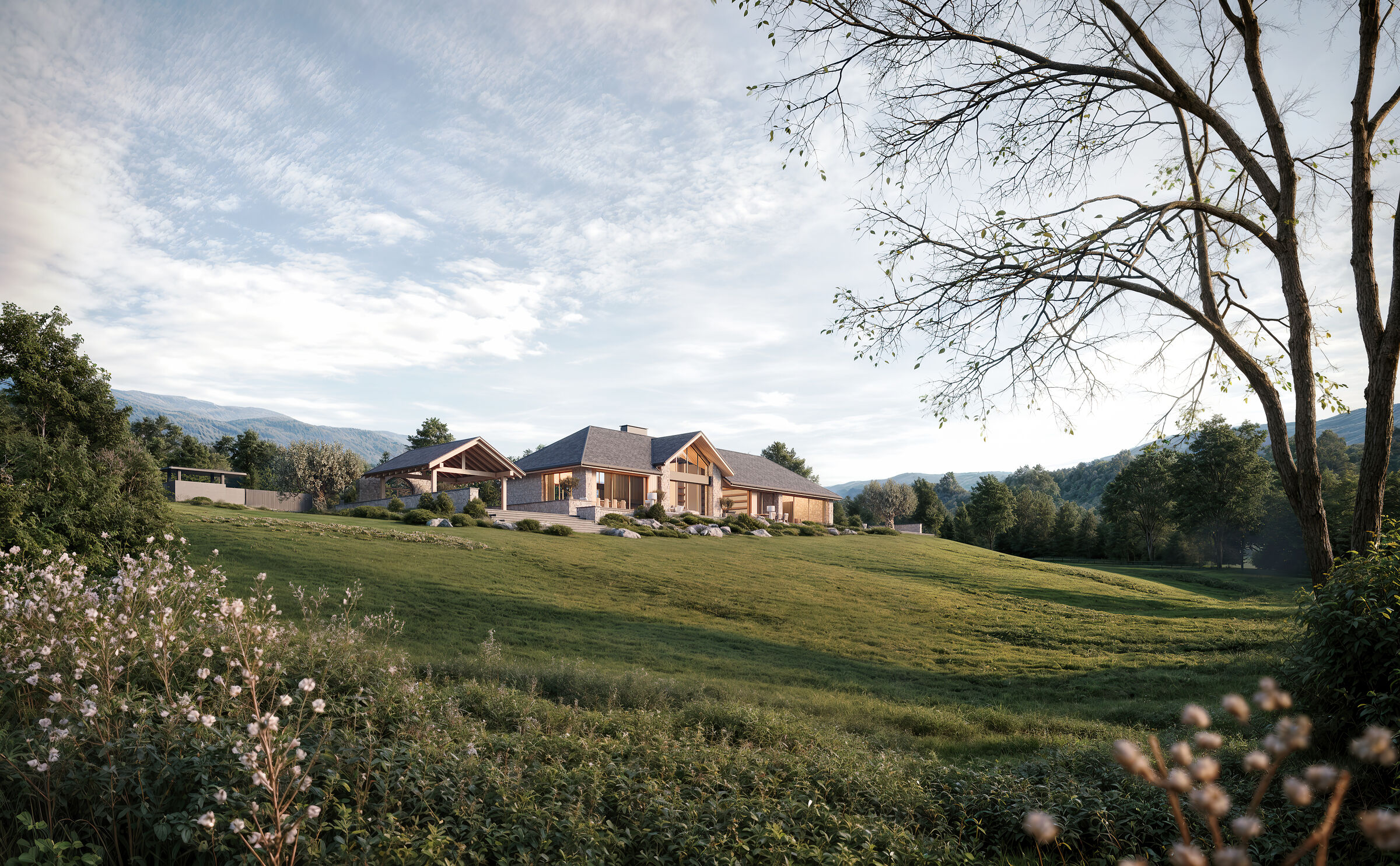 The house extends horizontally across the slope, maintaining a low and grounded profile.