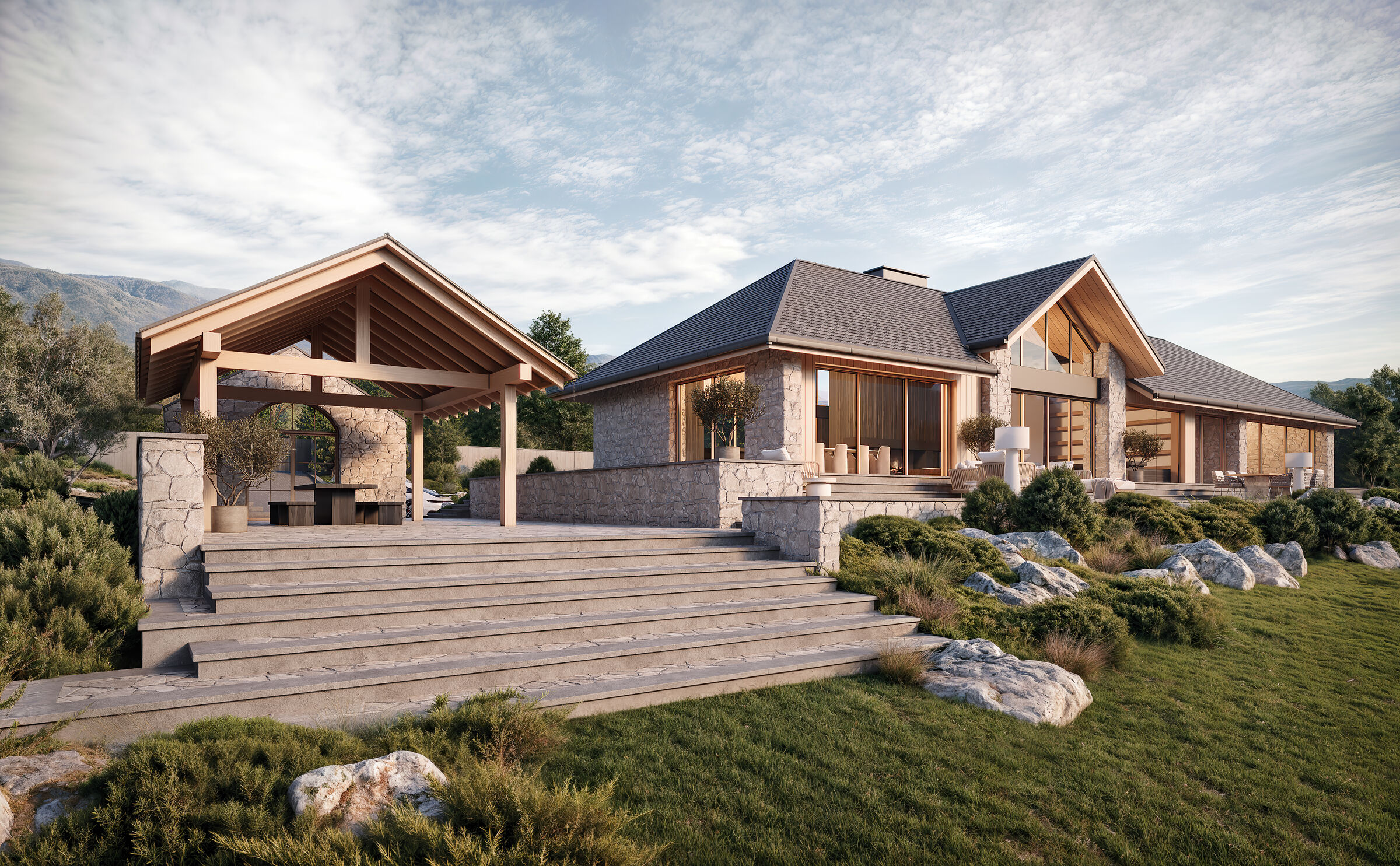 Terraces and steps shape a gradual transition between architecture and terrain.