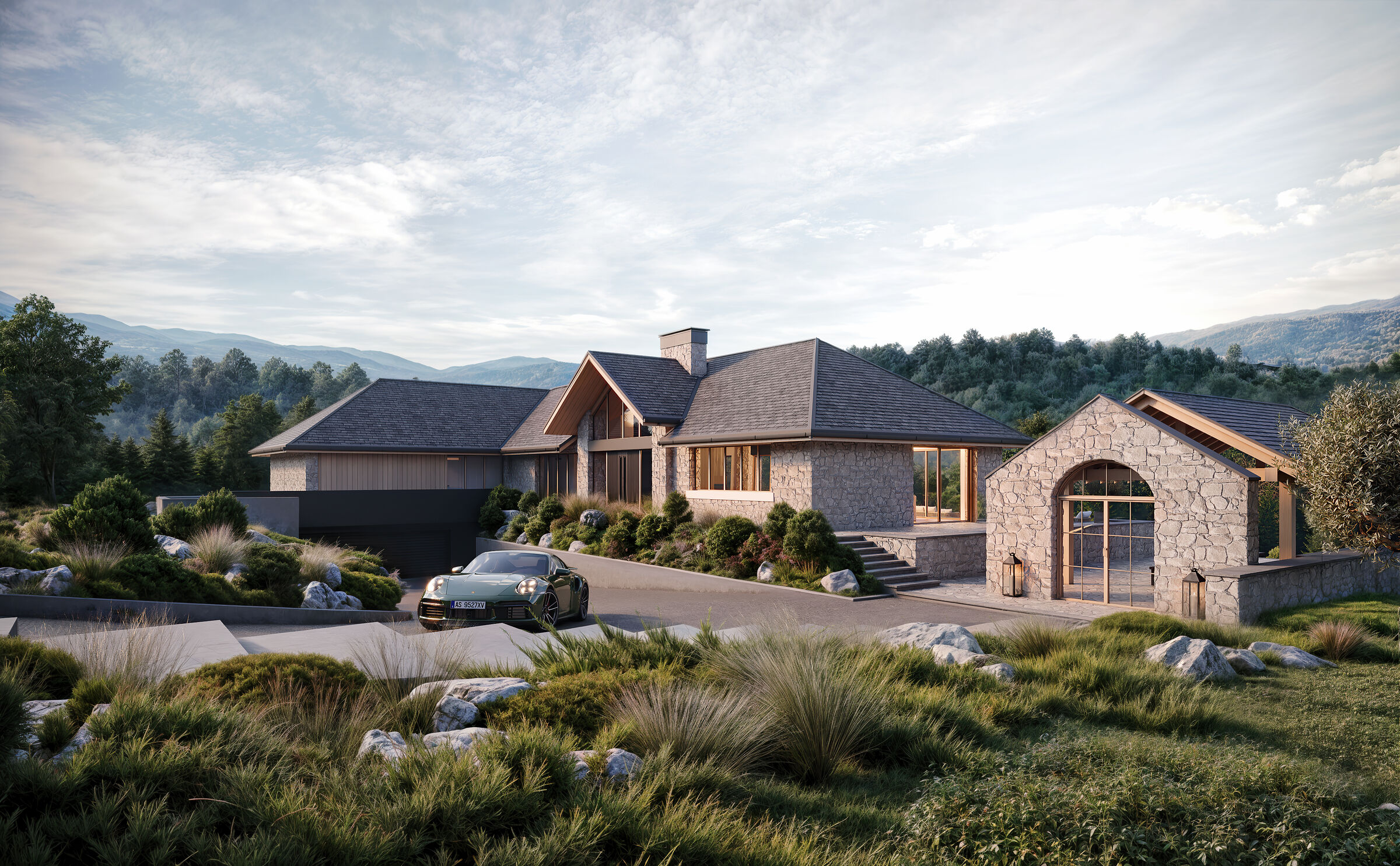 The building settles into the terrain, forming a strong yet natural presence within the hillside.