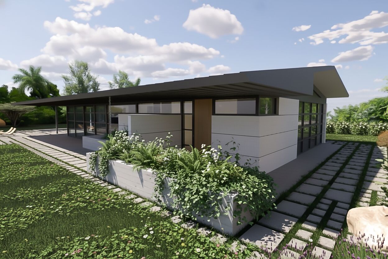 Entry Planter and side view of Ranch Style Home.