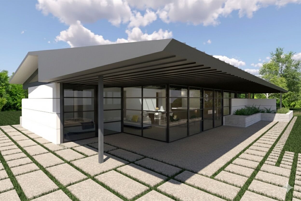 Backyard View of large standing seam metal roof wraps back into home.