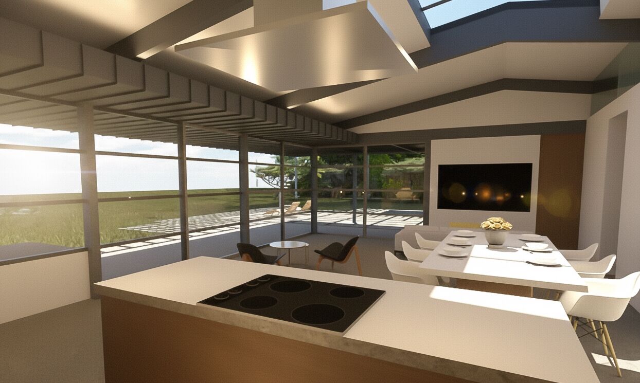 Open Kitchen, Dining, and Livingroom with large glass wall to backyard