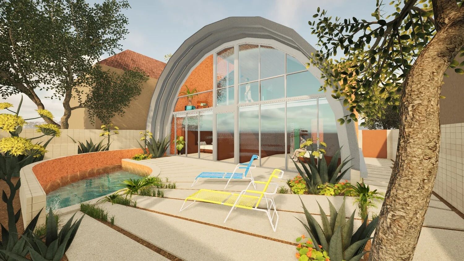 Backyard Quonset Hut Glass wall and view of pool lounge