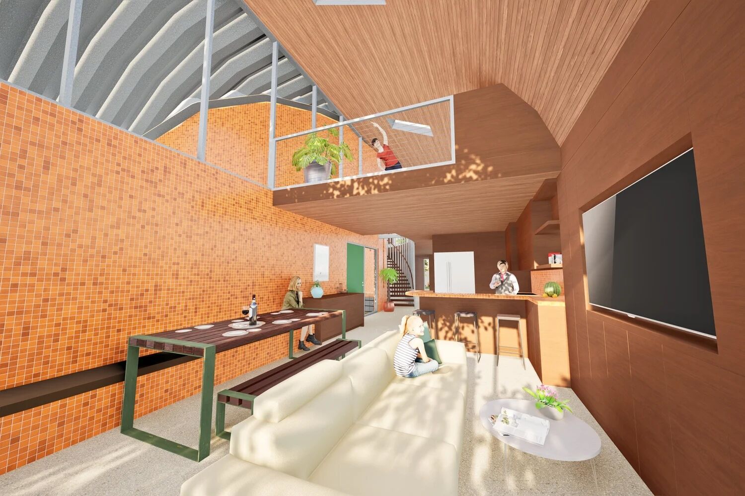 Double Volume open living, dining, and kitchen.
