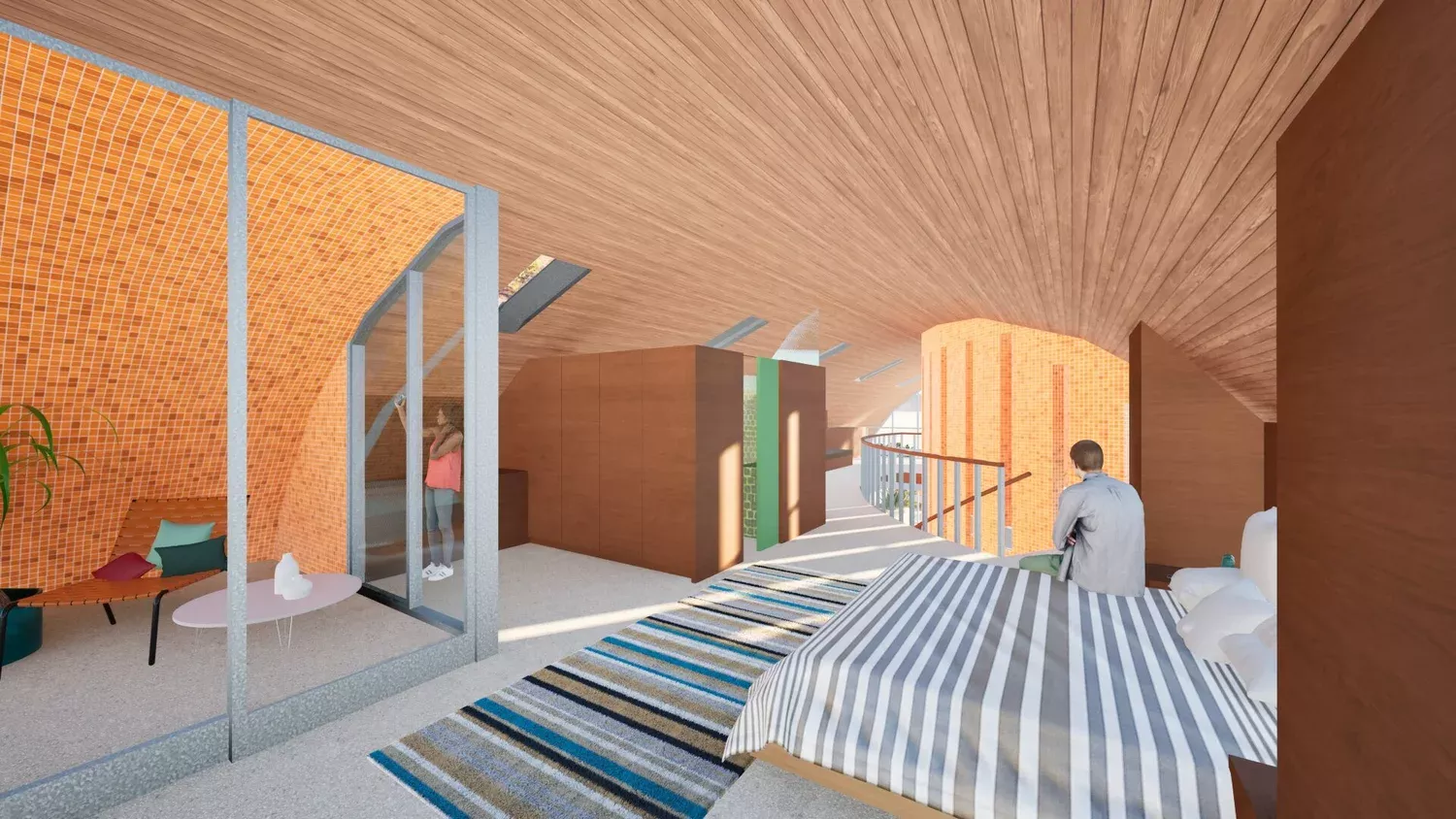 Upstairs master bedroom with wrapping curved wood ceiling and wall