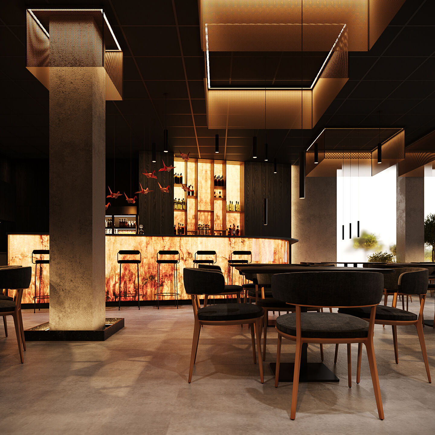 Columns and suspended volumes structure the space, creating a clear architectural rhythm.