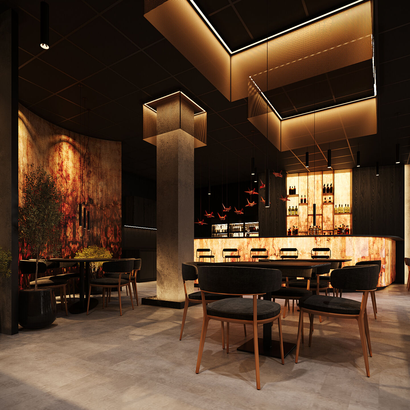 Contrasting materials and light define distinct zones within a unified composition.