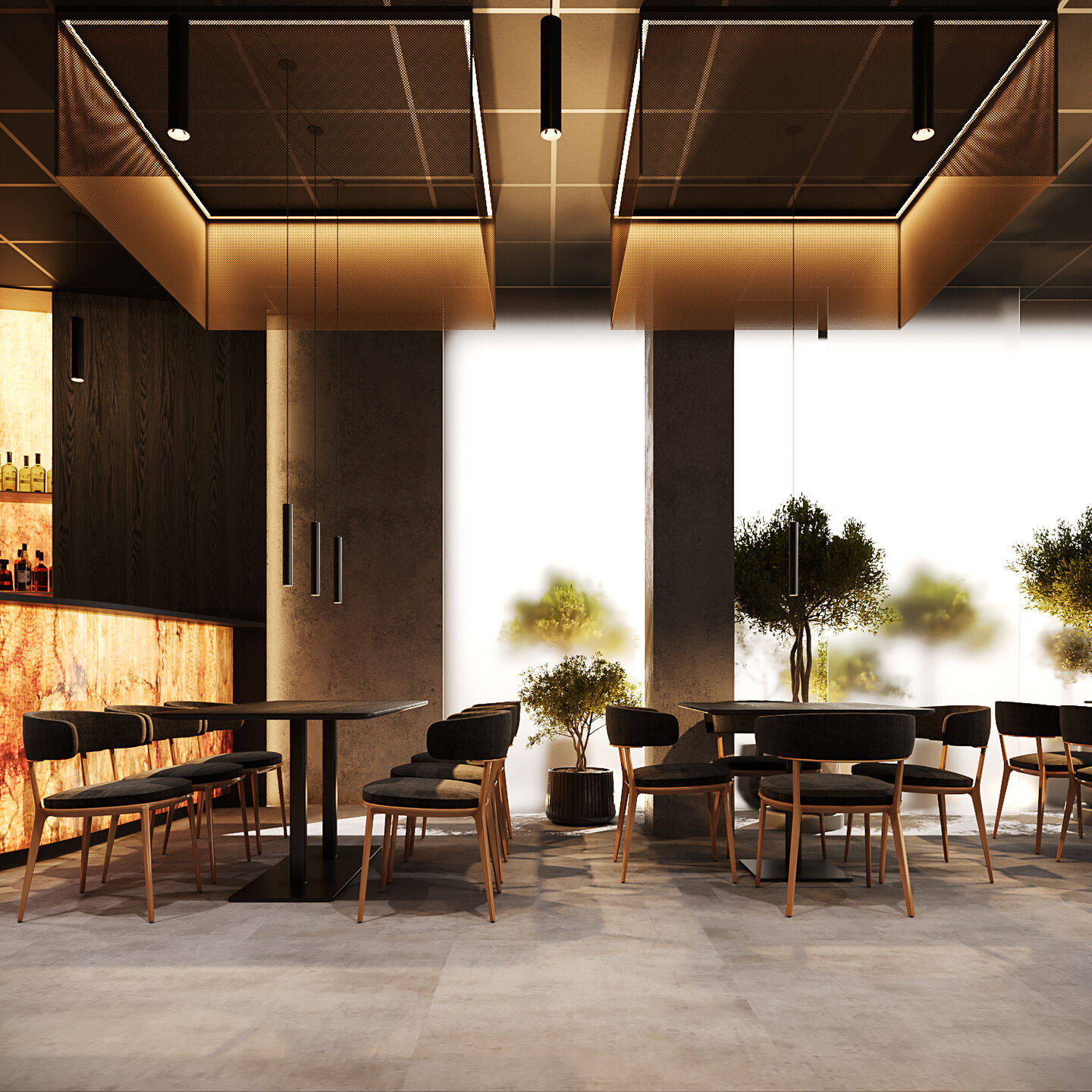 Natural light softens the interior, balancing the warmth of artificial illumination.
