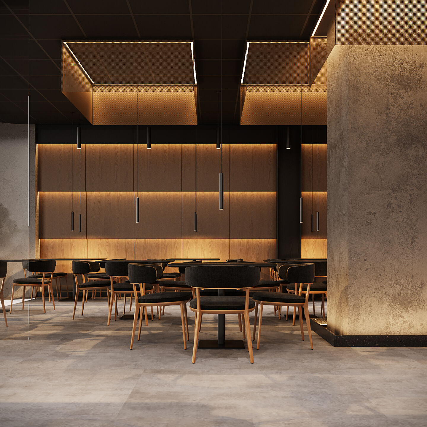 A continuous wall of light reinforces horizontality and spatial calm.