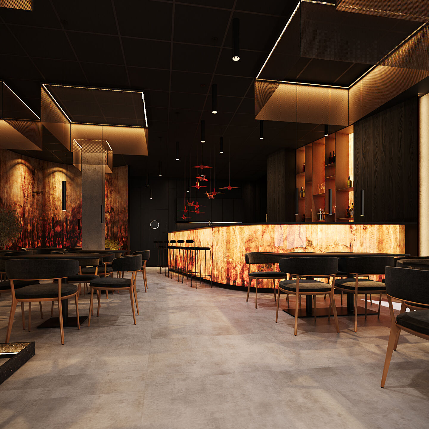 The bar acts as a luminous anchor, defining the spatial hierarchy of the interior.