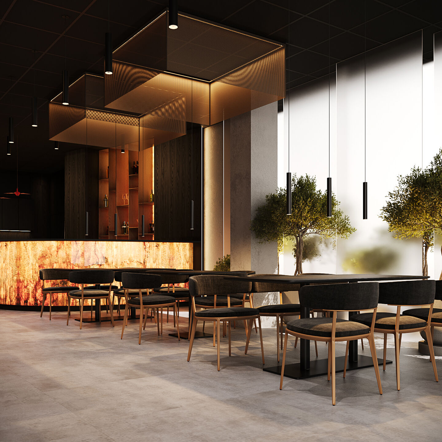 The dining area opens toward the exterior, establishing a visual connection with the surroundings.