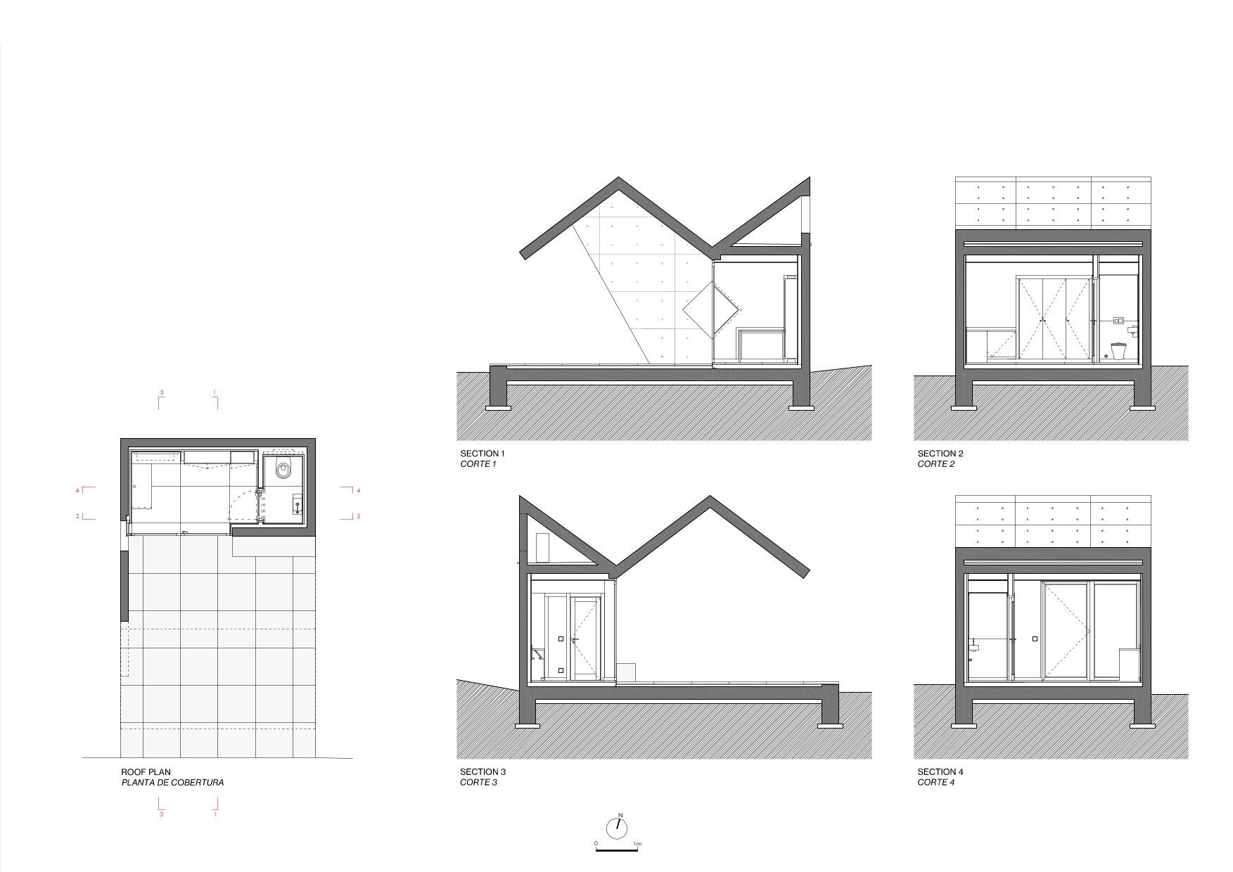 Roof plan, Sections: 1,2,3,4