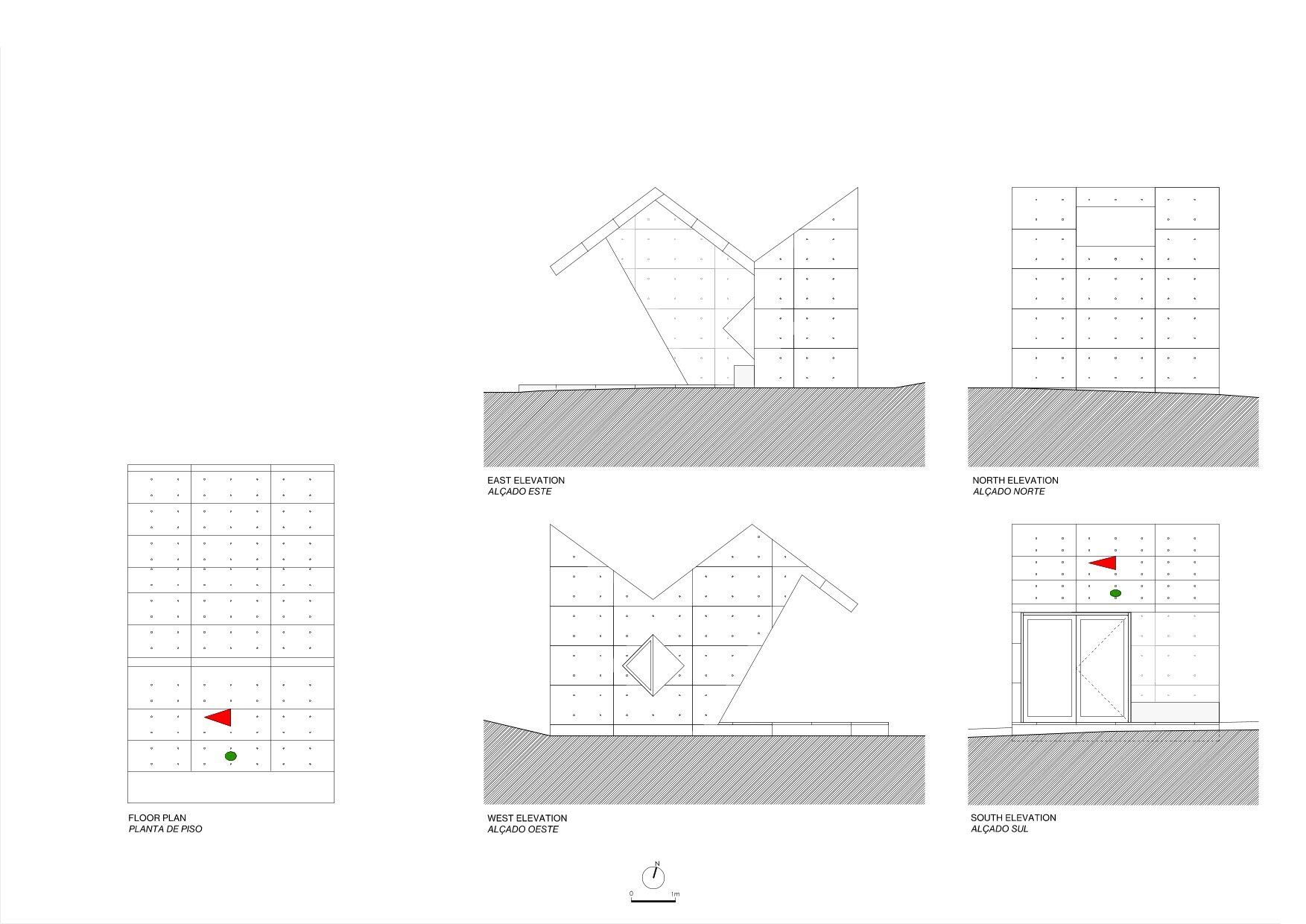Floor plan, East, North, West, South elevations
