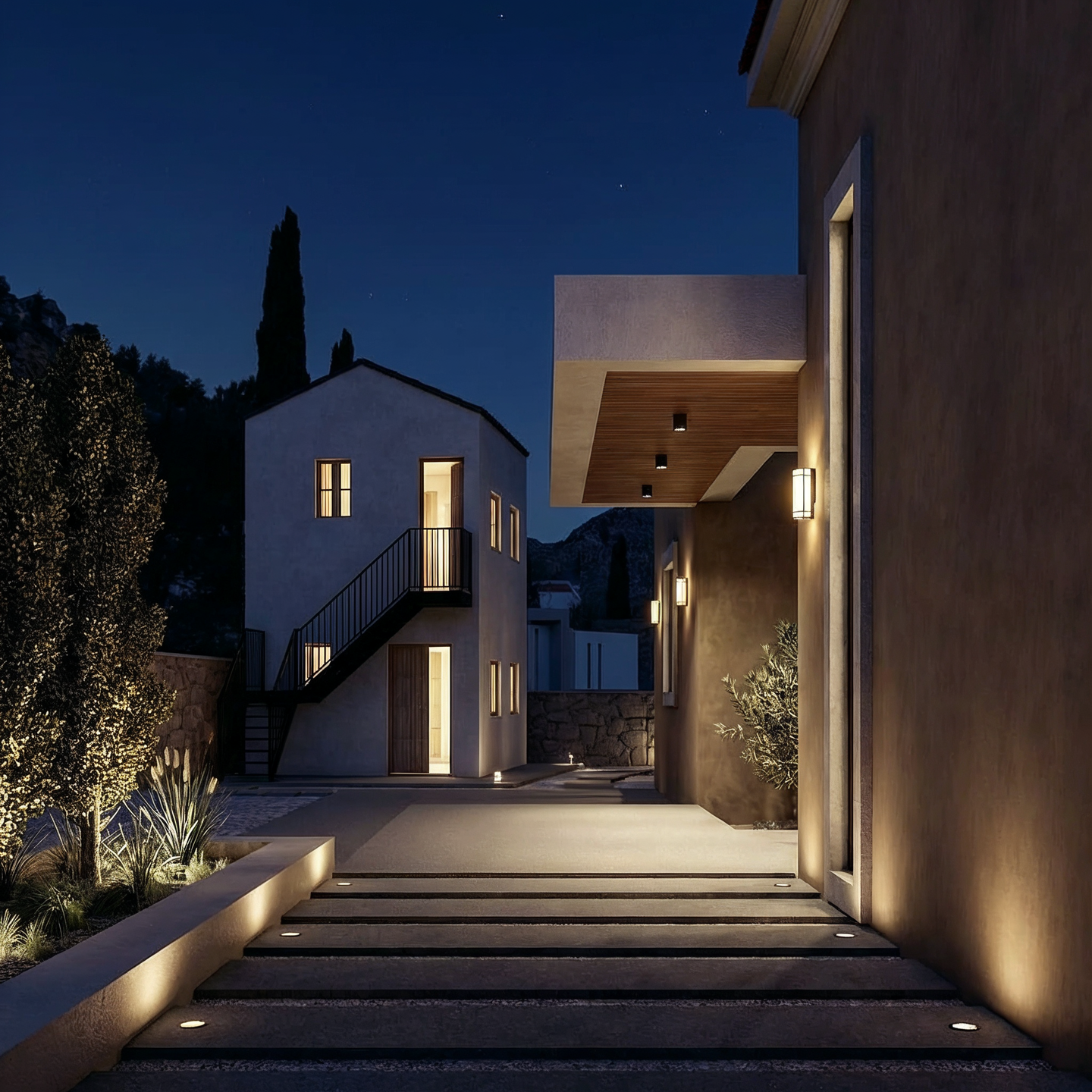 Warm architectural lighting reveals the interplay of contemporary volumes, stone surfaces, and outdoor circulation, creating an intimate atmosphere within this Karpathos residence.