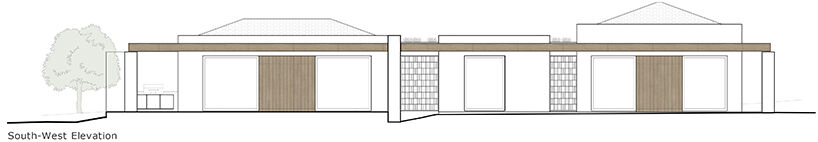 South-west elevation expressing the rhythmic interplay of solid stone walls, timber shading elements, and large openings facing the landscape.