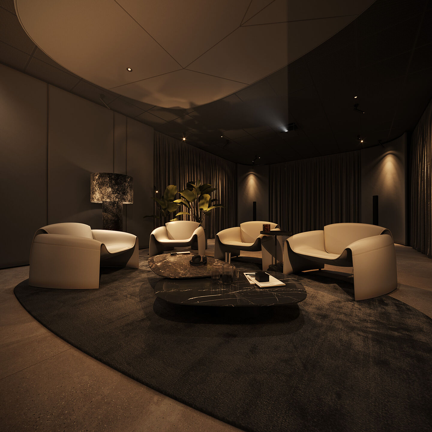 A softly enclosed listening environment shaped by light, texture, and acoustic precision.