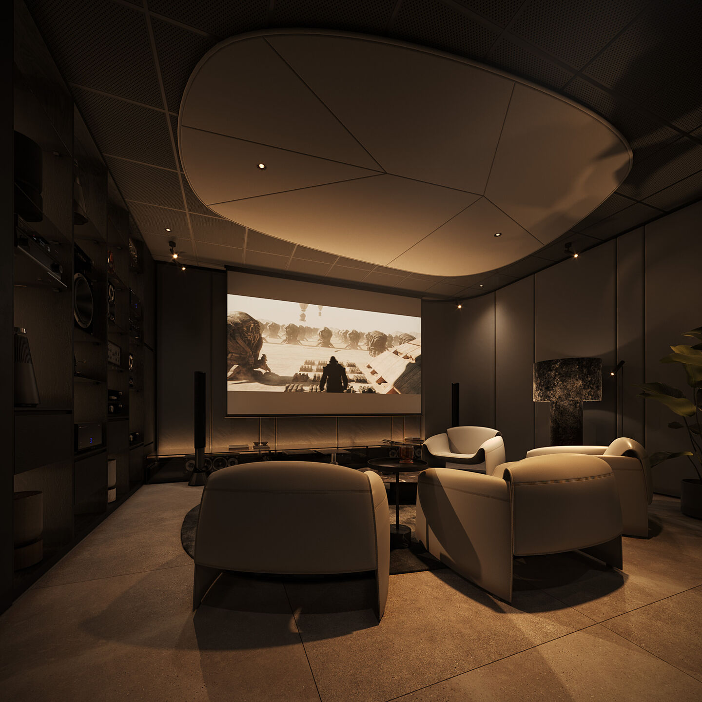 The room is defined by a balance of softness and darkness, enhancing acoustic performance and spatial calm.