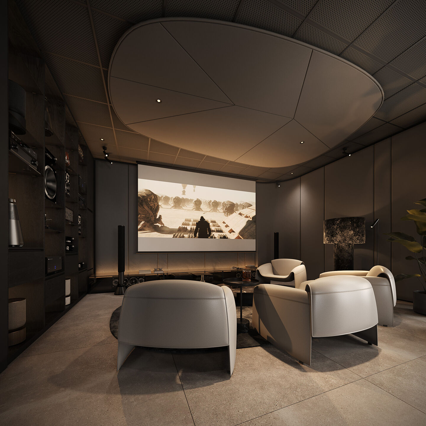 A controlled ceiling geometry integrates lighting and acoustics into a unified architectural surface.