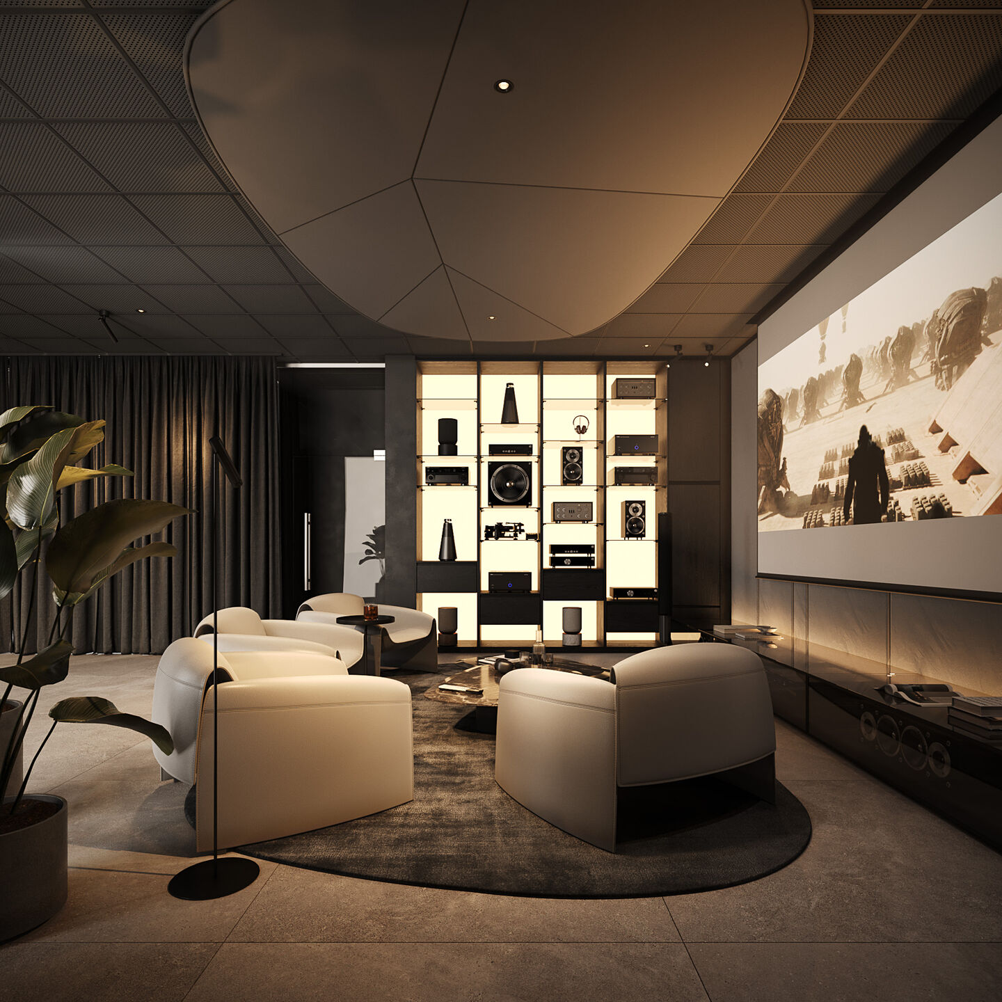 The listening area is designed as an immersive environment, where sound and space operate as one.