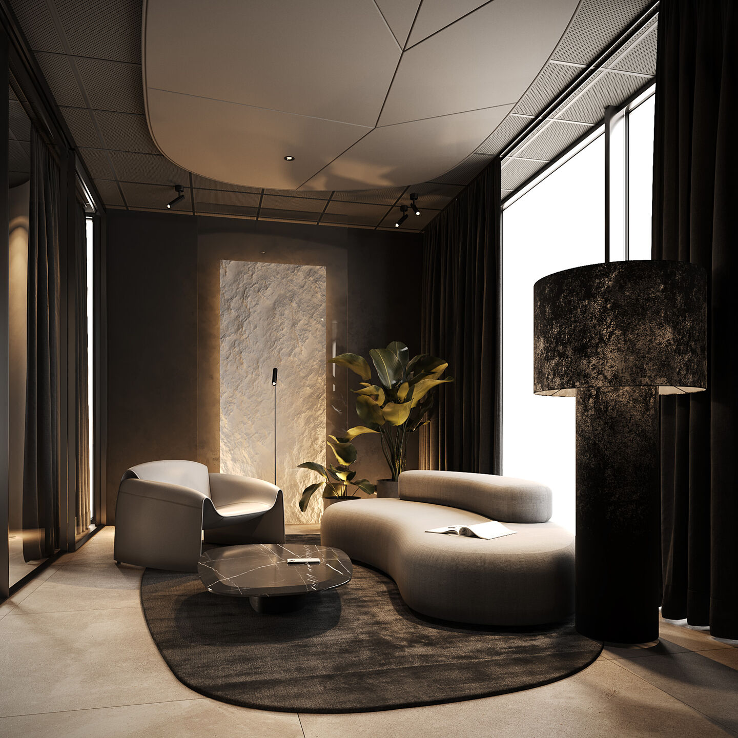 Light reveals material depth, turning stone into a focal element within the listening space.