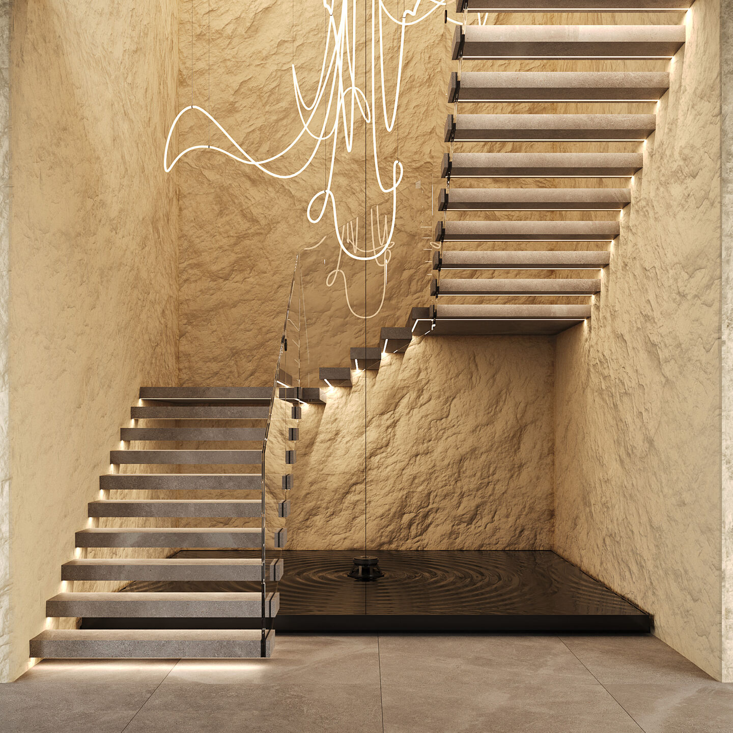A sculptural staircase carved into a monolithic volume introduces a tactile and spatial transition.