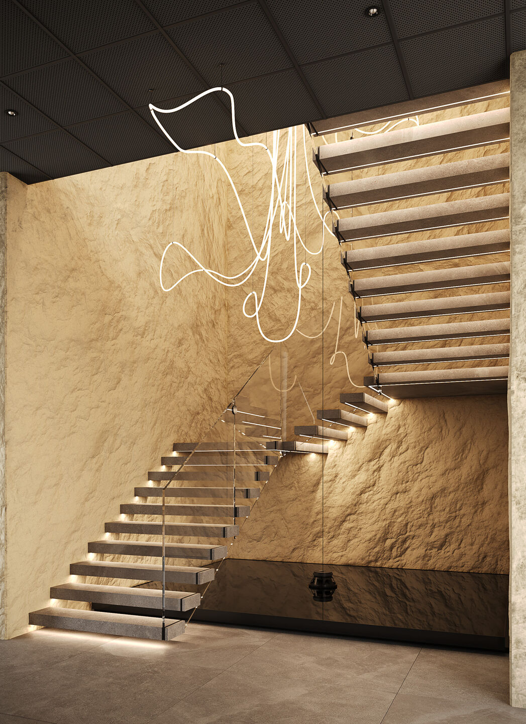 Light and structure define movement, transforming circulation into an atmospheric experience.