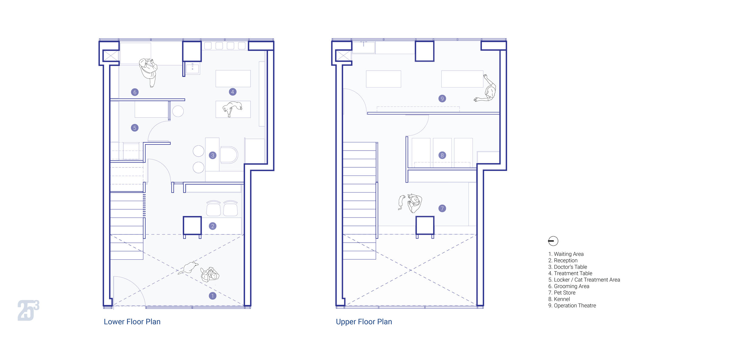 Floor plans showing the layout and functional zoning across the ground floor and mezzanine level.