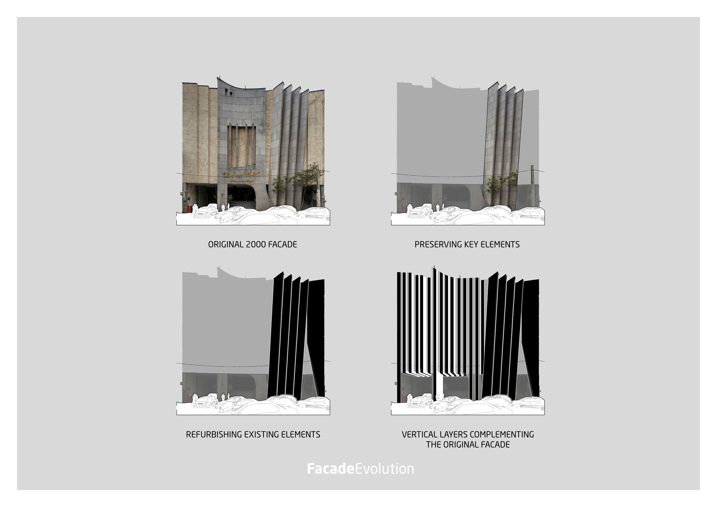 Evolutionary diagram of the facade refurbishment, showing the preservation of original 2000s elements and the integration of new vertical layers to create a unified architectural language.