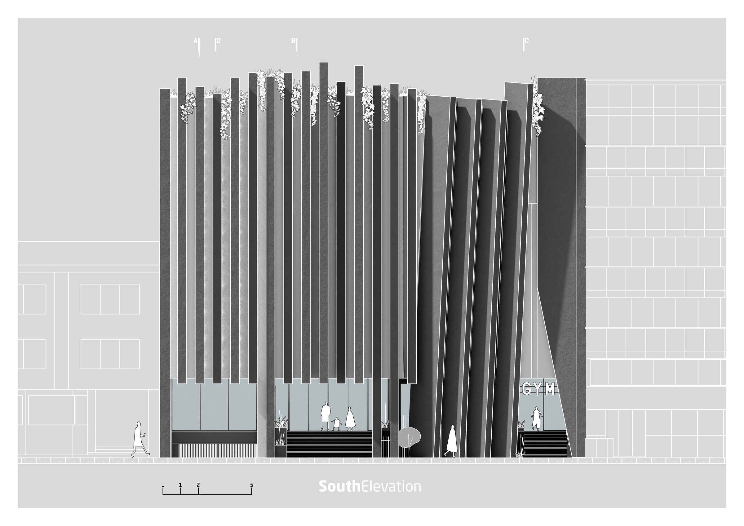 South elevation drawing showing the rhythmic vertical composition, the integrated greenery at the roofline, and the distinct entrance points for the club and gym.
