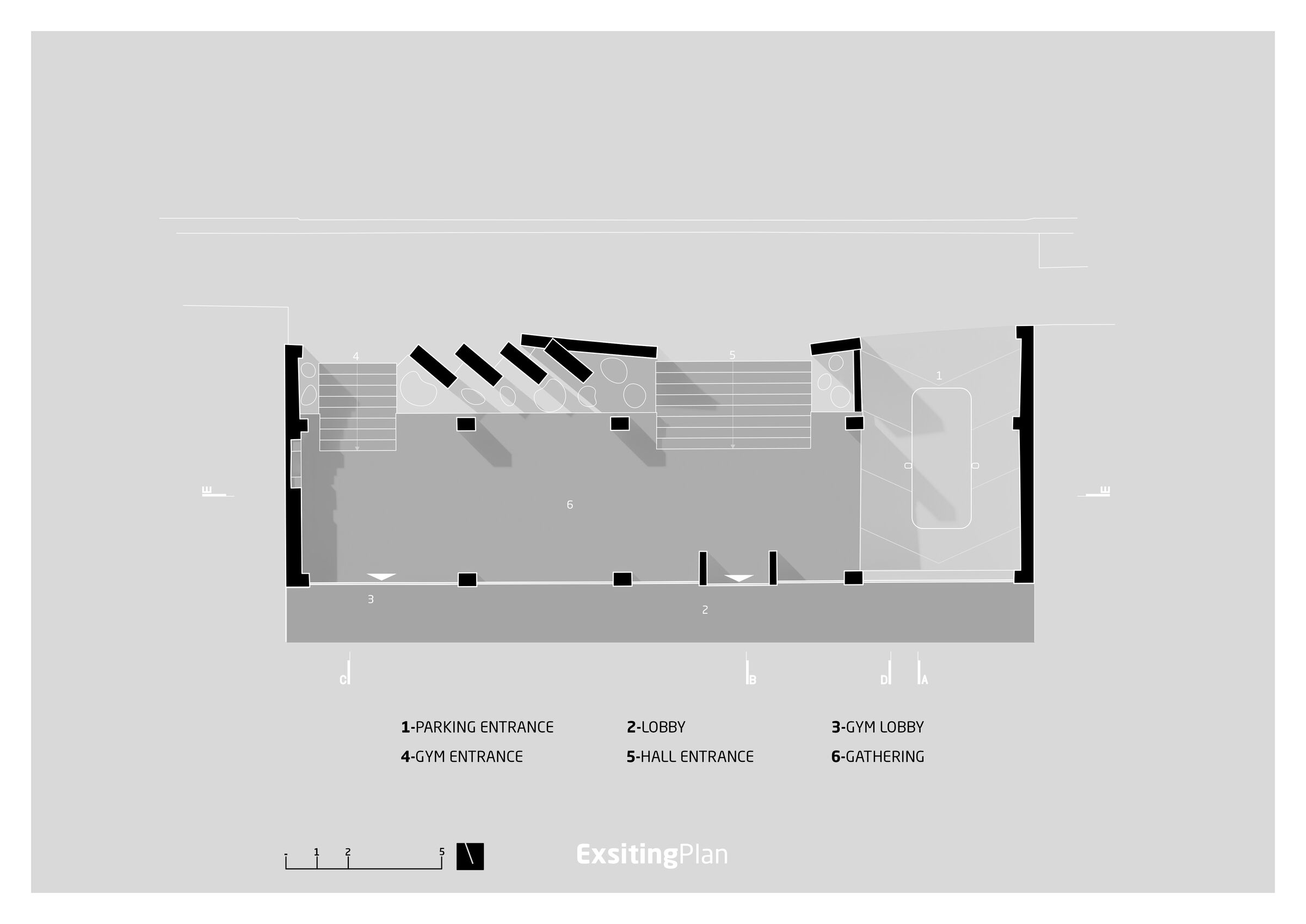 Ground floor plan illustrating the spatial organization of the lobby, gathering areas, and the separate circulation paths for the gym and hall entrances.