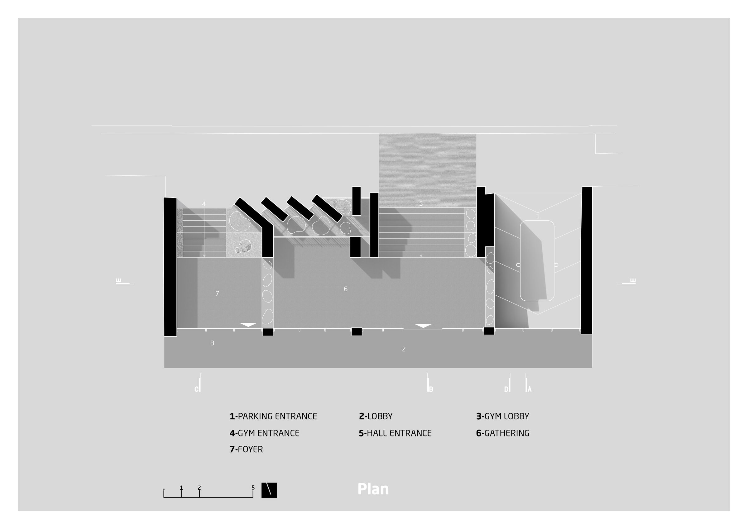 The proposed ground floor plan showing the reconfigured foyer and gathering spaces, optimized for improved circulation and a seamless transition between the lobby and gym facilities.