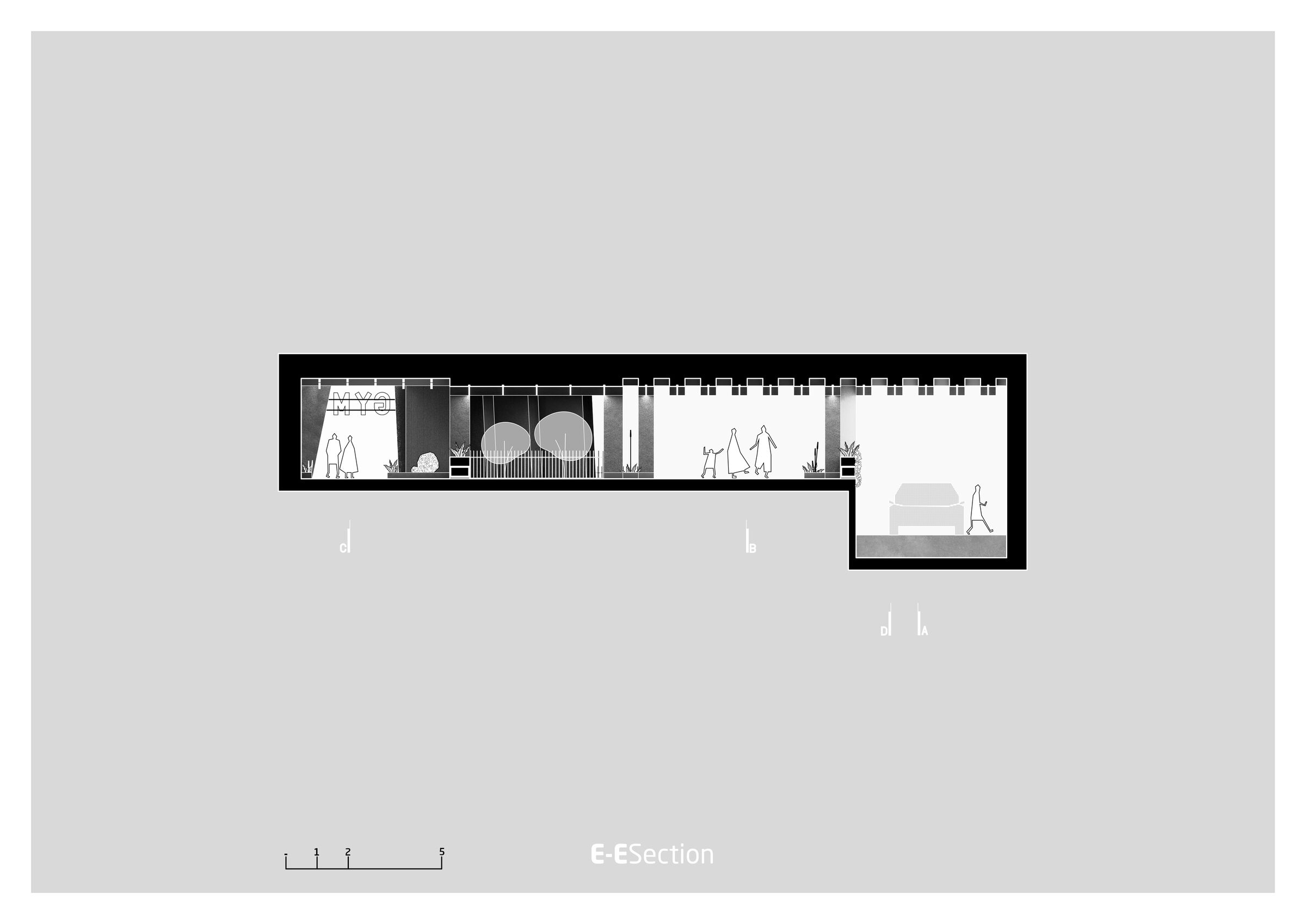Longitudinal section E-E, illustrating the subterranean levels, including the gym entrance, parking ramp, and the internal spatial flow between public and service areas.