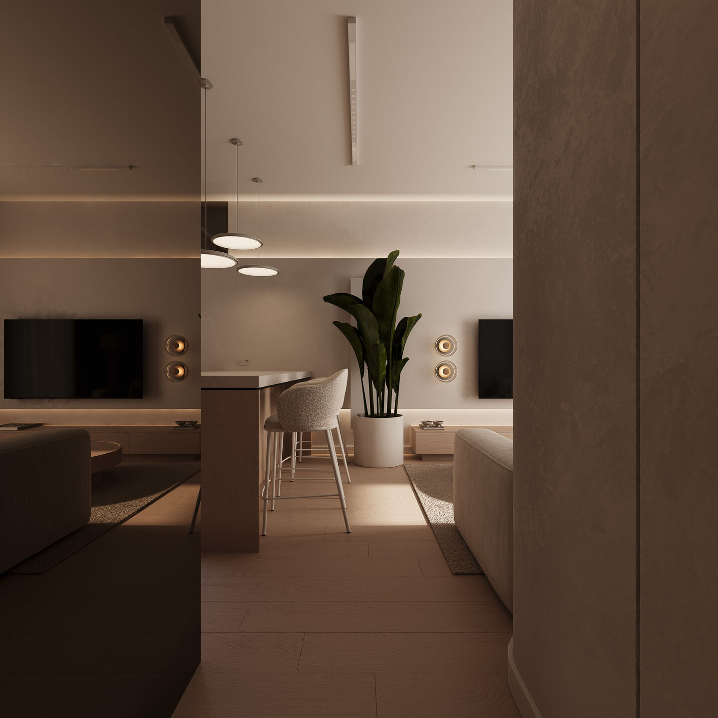 A soft transition between zones, where built-in volumes subtly define space without interrupting its flow.