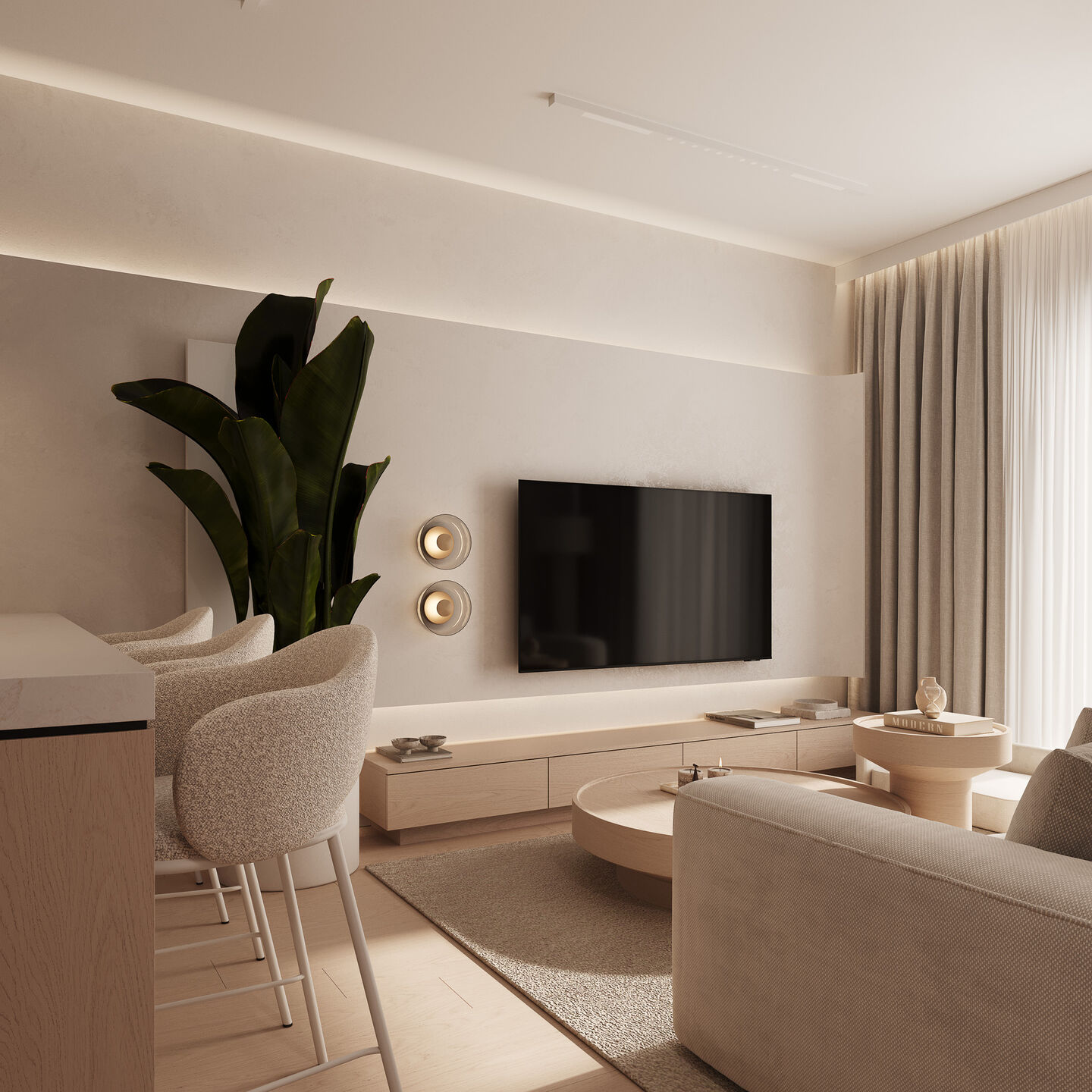 Soft daylight and layered textures define the living space, reinforcing its intimate and serene character.