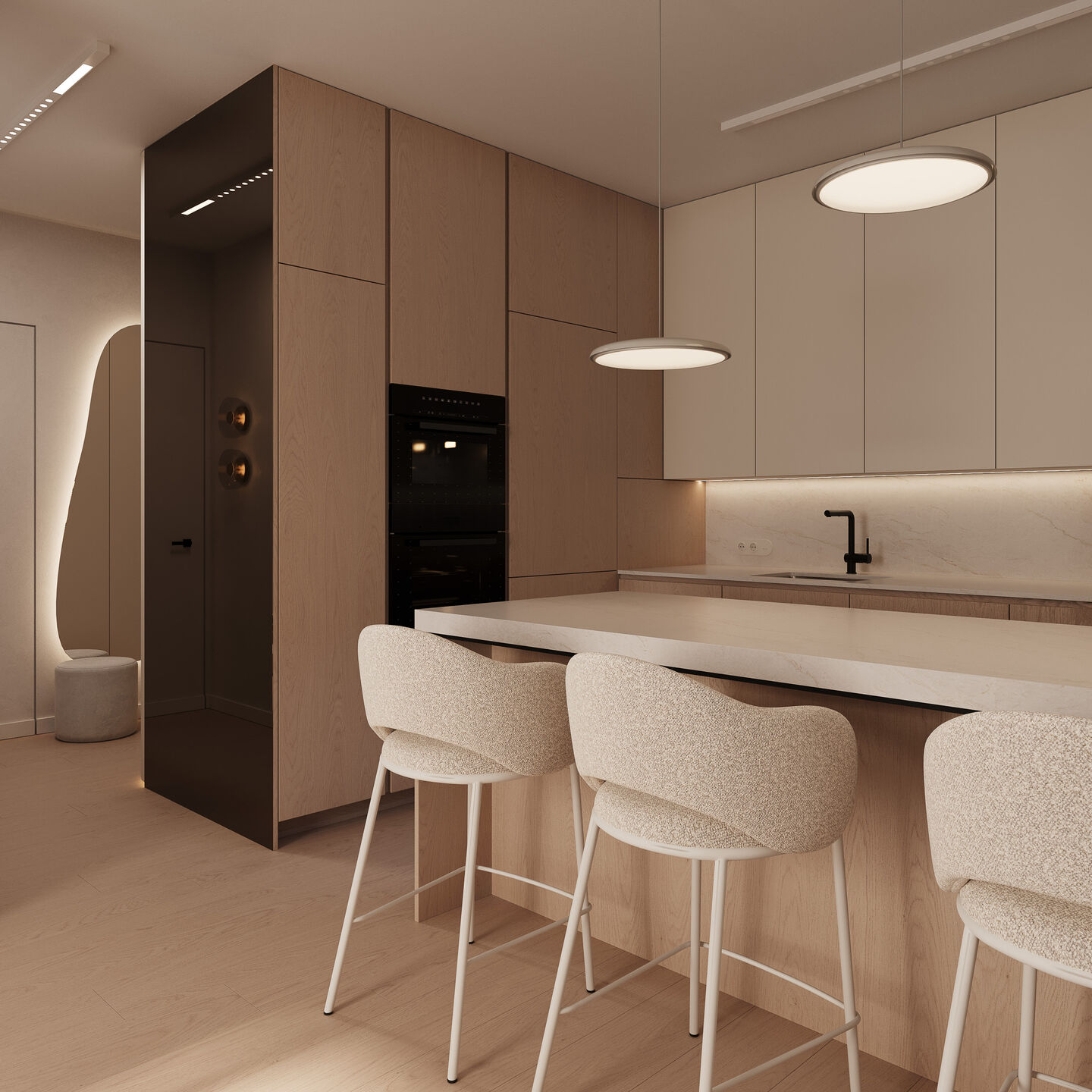 Custom cabinetry and integrated appliances form a cohesive architectural element, emphasizing order and precision.