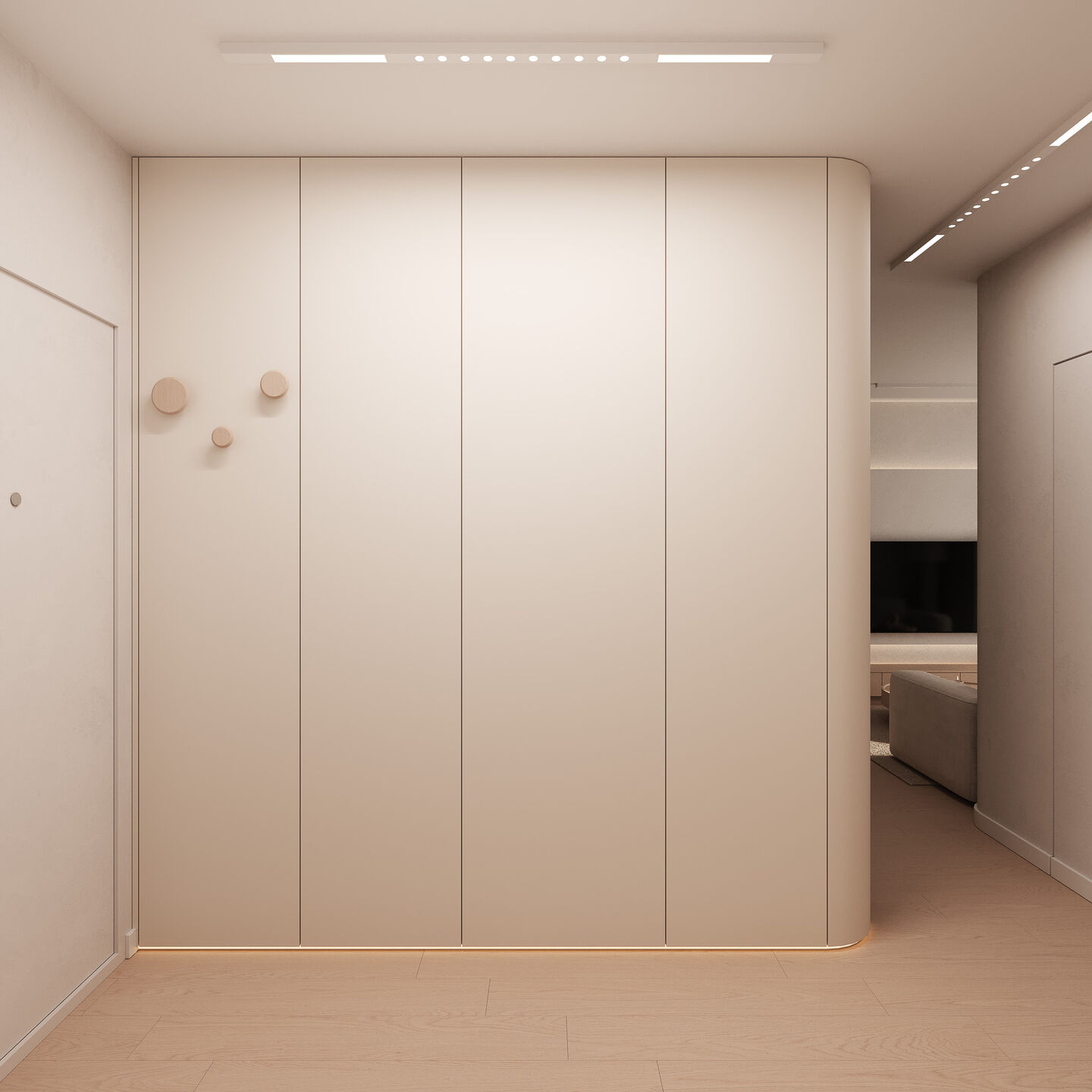 Built-in storage follows the geometry of the interior, maintaining visual calm while maximizing functionality.