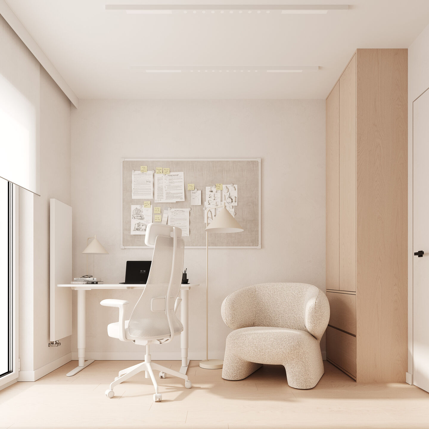 A compact workspace integrated into the living area, maintaining visual continuity through material and tone.
