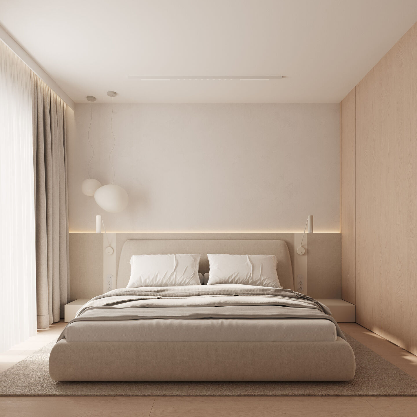 The bedroom is reduced to essential elements, where light, fabric, and proportion create a quiet retreat.