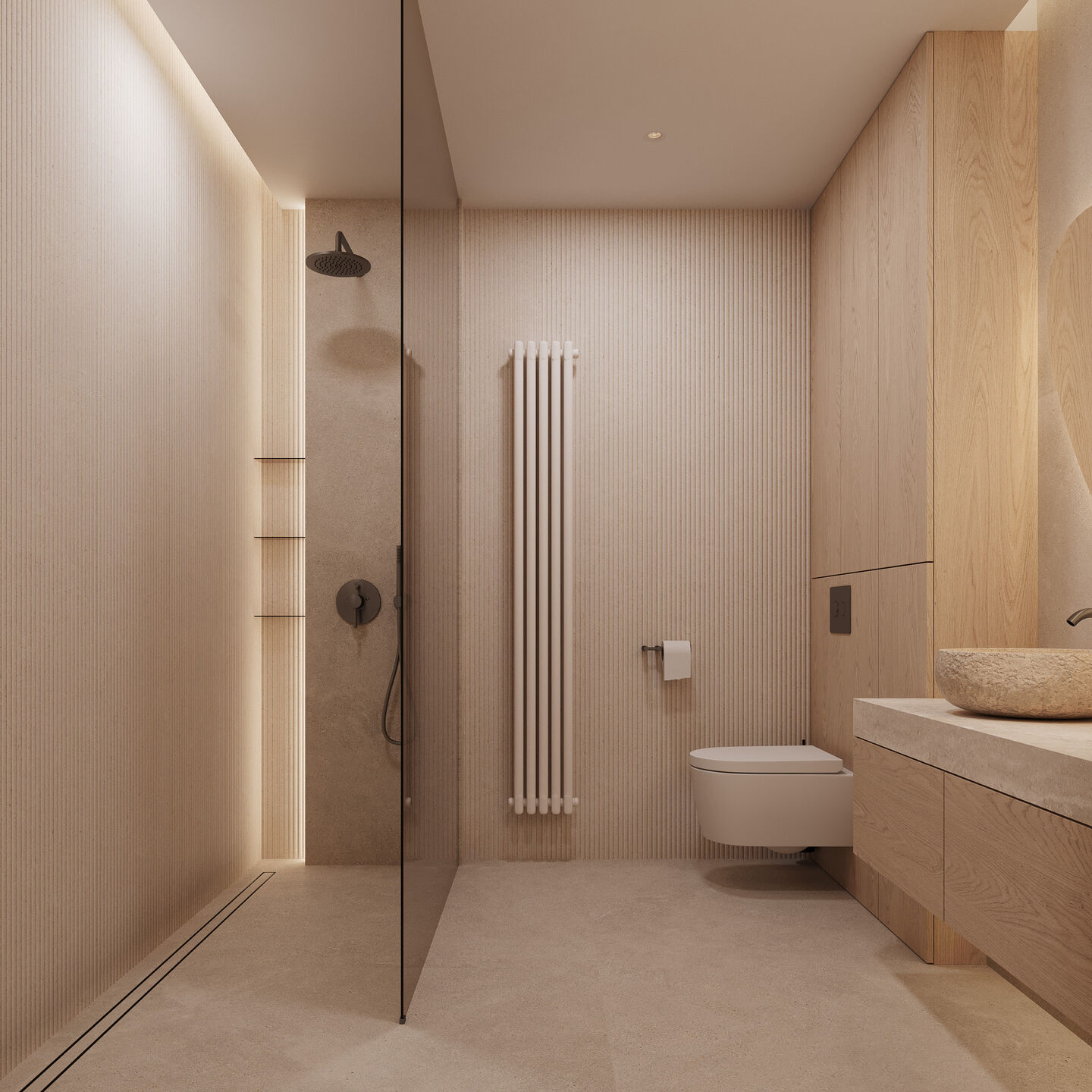 Vertical rhythms and integrated lighting define the bathroom, combining functionality with a calm, tactile expression.