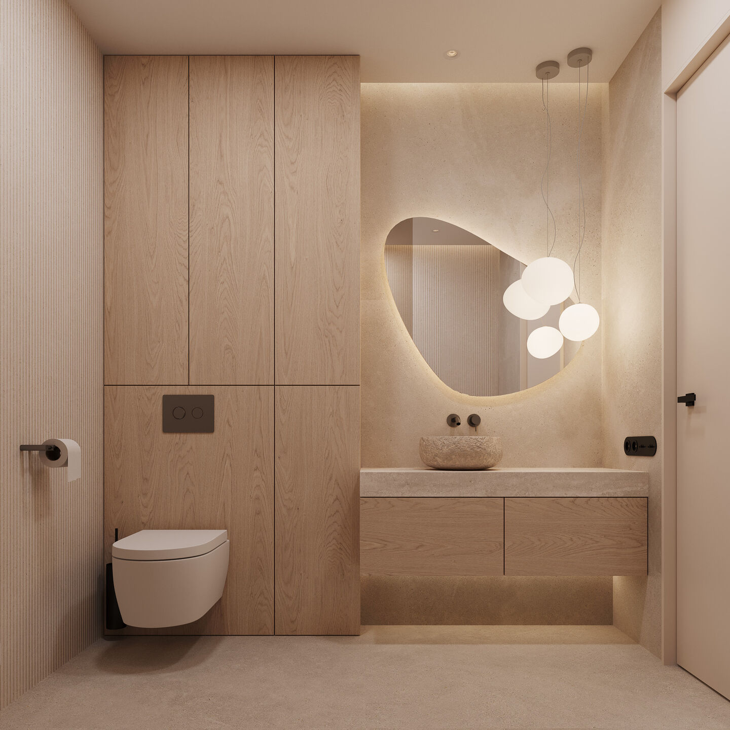 A sculptural mirror and soft lighting introduce a subtle, atmospheric quality to the bathroom space.