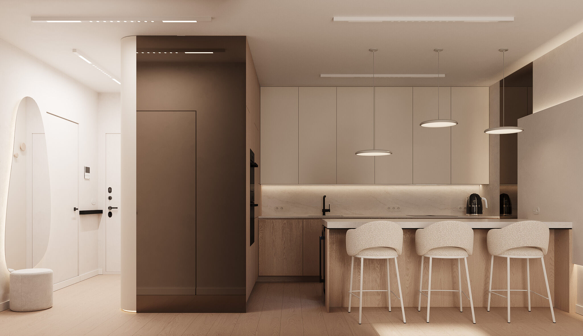 A restrained material palette and clean geometries shape a welcoming and highly functional entrance zone.
