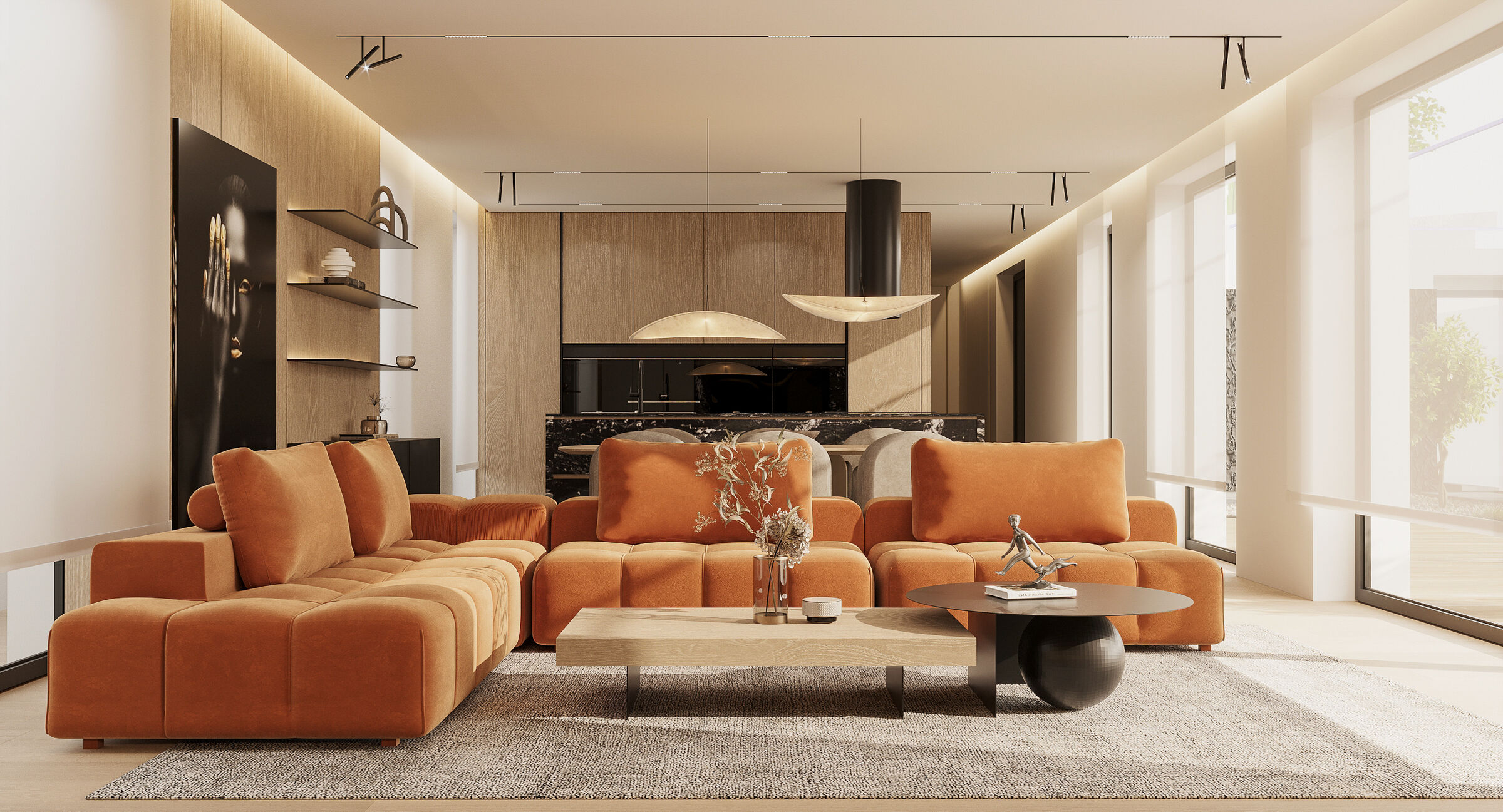 The living area is organized as a fluid space, combining relaxation and social interaction within a clear spatial order.