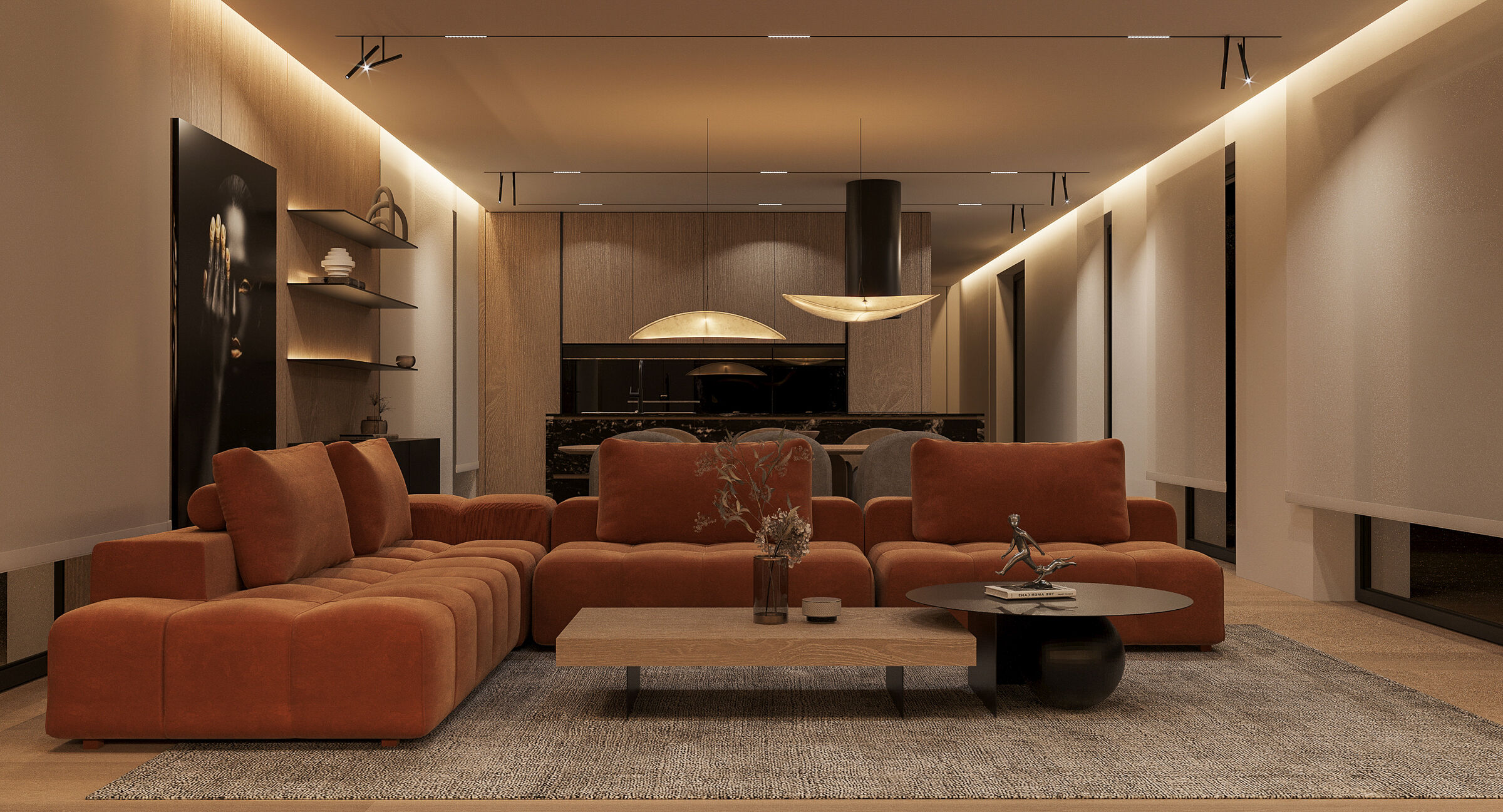 Light and material continuity shape a cohesive interior, where each element contributes to a unified atmosphere.