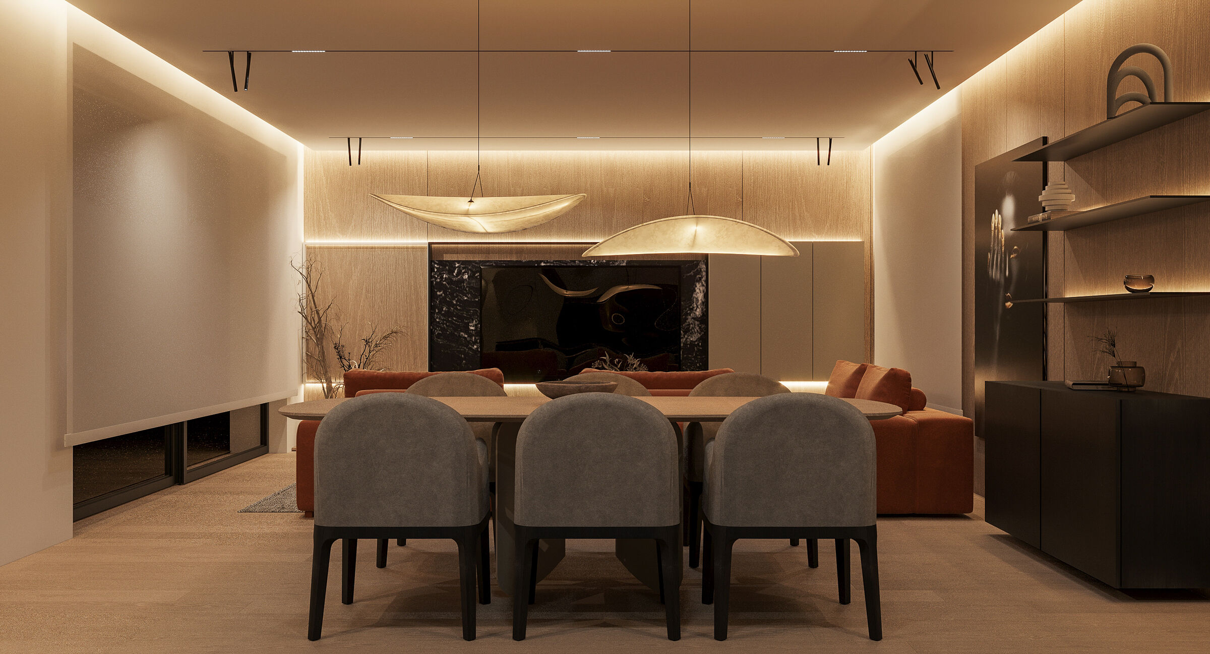 Soft lighting and natural materials define a calm and balanced everyday environment.