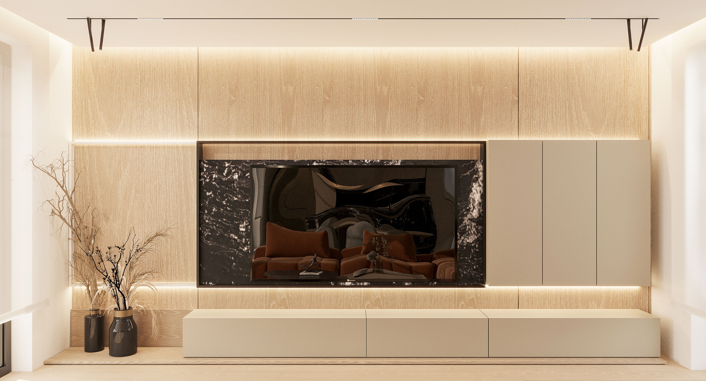 Built-in elements and integrated lighting emphasize clarity and precision within the interior composition.